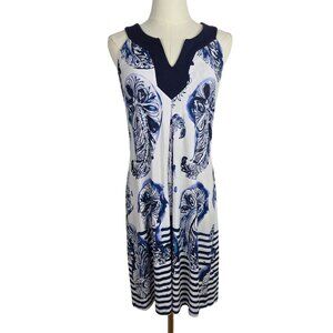 Tommy Bahama Sleeveless Dress Small Blue Paisley Tambour Knee Length Resort